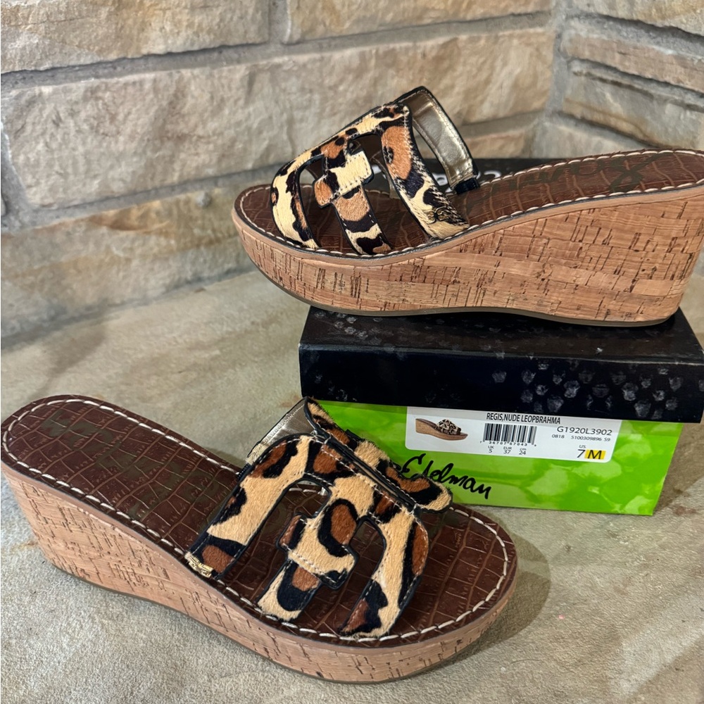 Sam Edelman Regis Leopard Print Calf hair wedge sandals